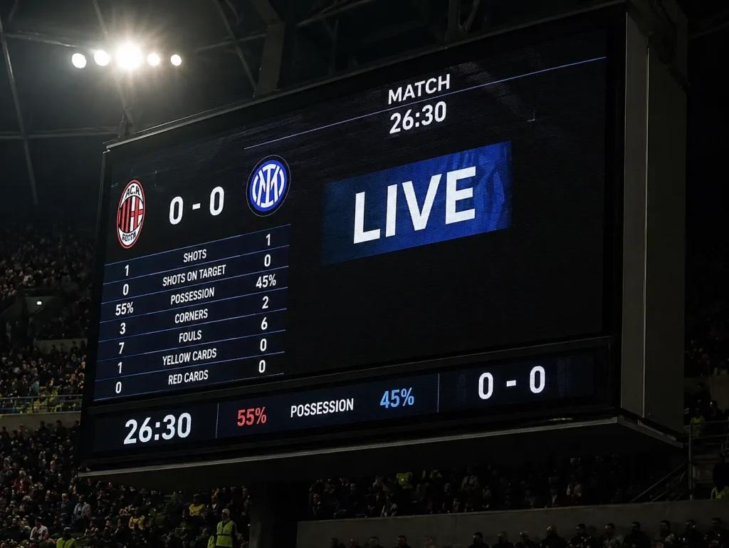 Live match with scoreboard and crowd Live match with scoreboard and crowd
